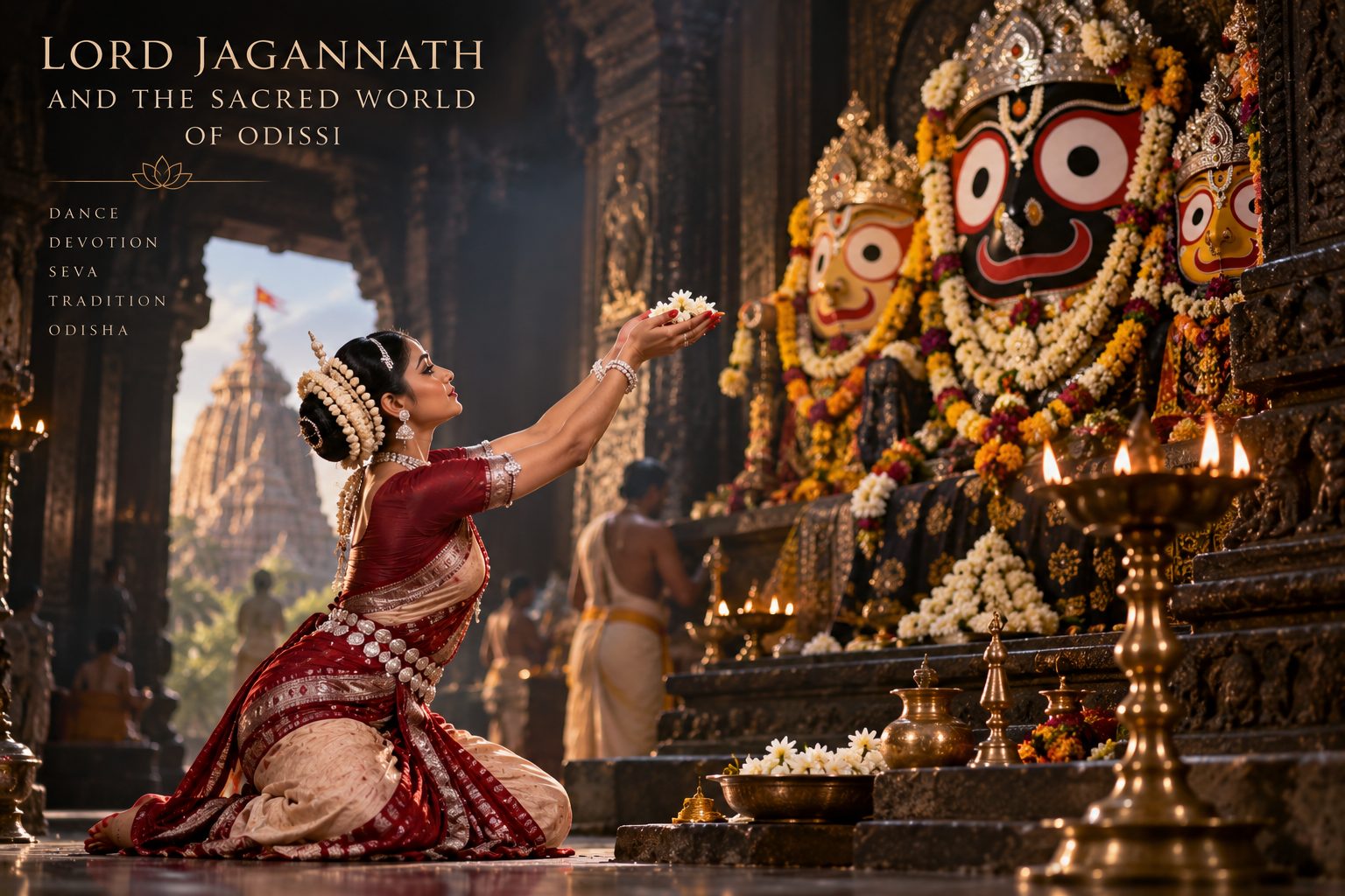 Odissi dancer kneeling and offering flowers before Lord Jagannath in the temple